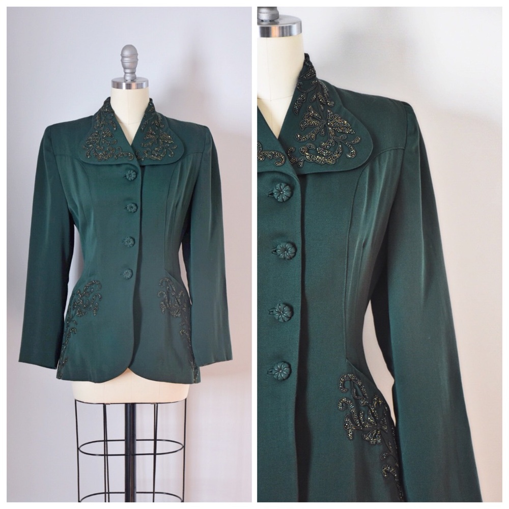 Vintage Green Gaberdine Beaded Blazer From The 40s